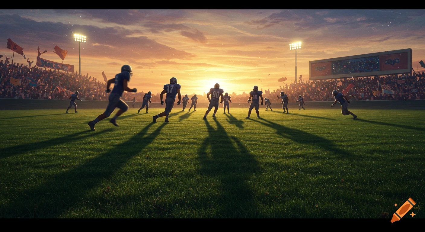 A dramatic shot of a football game at sunset, with players on the field and a stadium filled with a crowd.