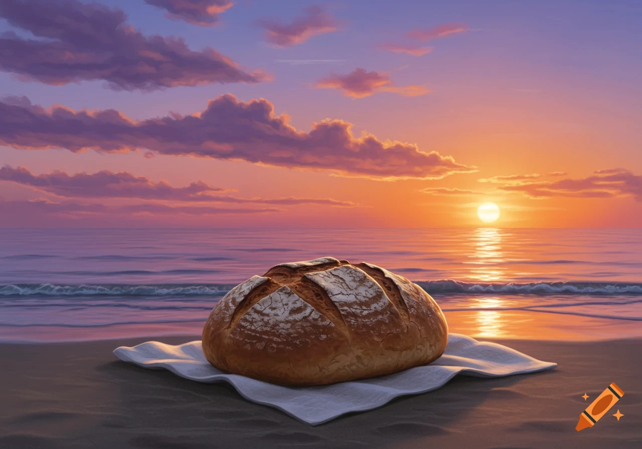 A rustic loaf of bread on a white cloth on a sandy beach, with an ocean sunset featuring orange, pink, and purple clouds.
