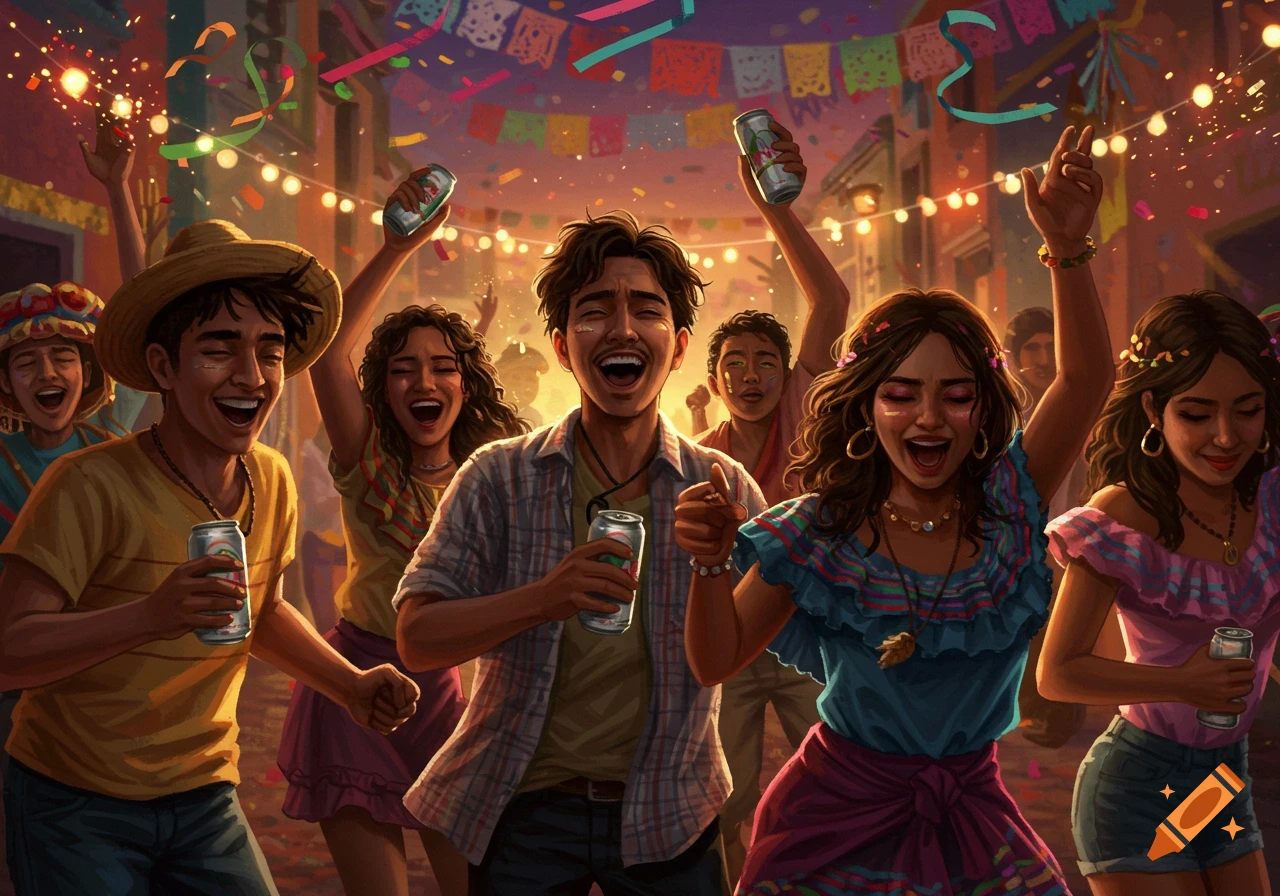 A vibrant illustration of a group of joyful young Latinos and Latinas celebrating outdoors, dancing with drinks in hand amidst confetti and festive decorations.