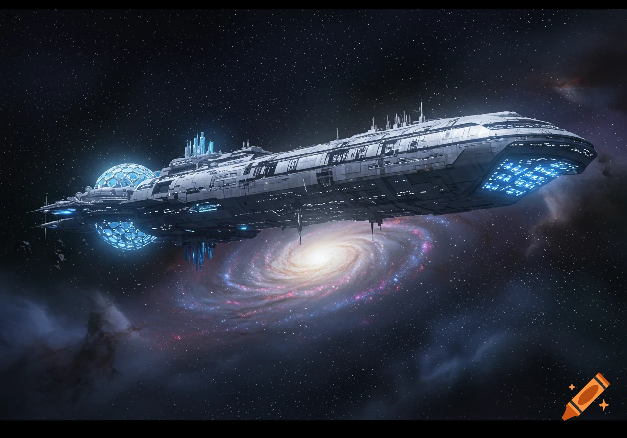 Large, detailed futuristic spaceship with glowing blue elements flying above a vibrant spiral galaxy in deep space.