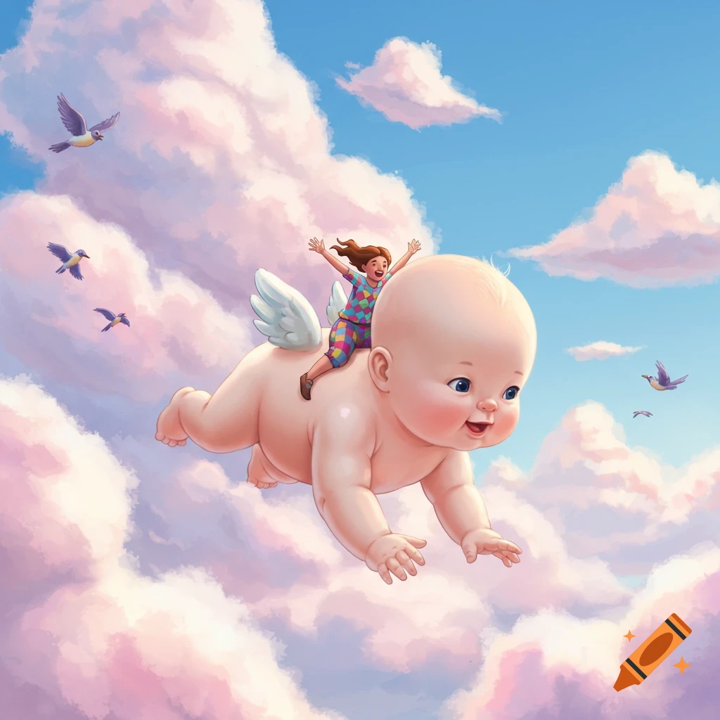 Whimsical cartoon of a small person riding a giant flying baby through a cloudy sky with birds.