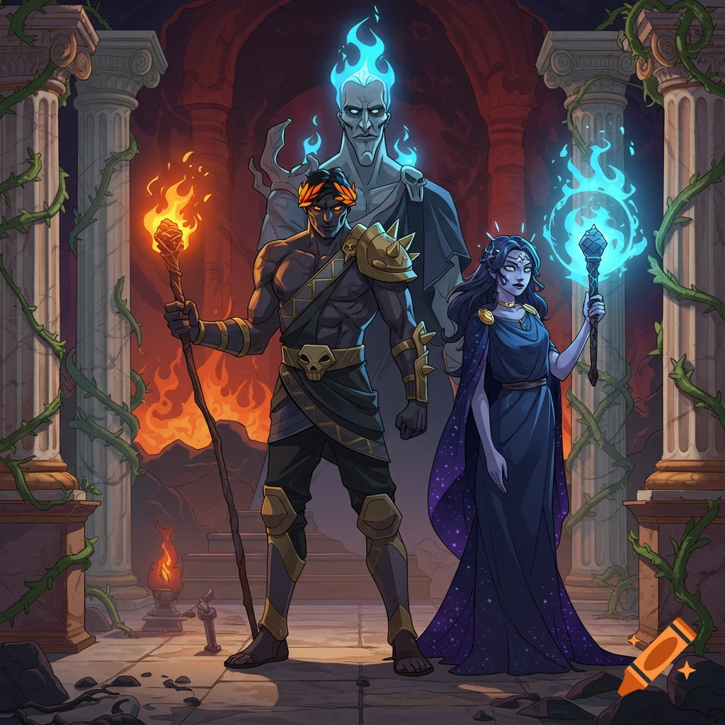 Stylized art of three mythological figures: Hades (blue flame), Zagreus (orange flame), and a goddess, in ancient ruins with fire.