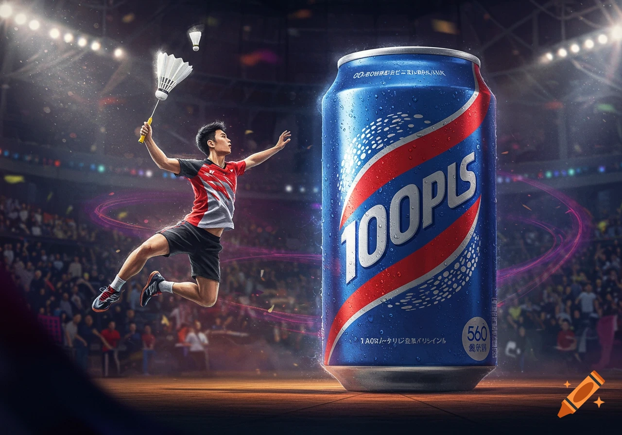 A badminton player jumps to hit a shuttlecock next to a giant blue and red soda can in a stadium. Photorealistic style.