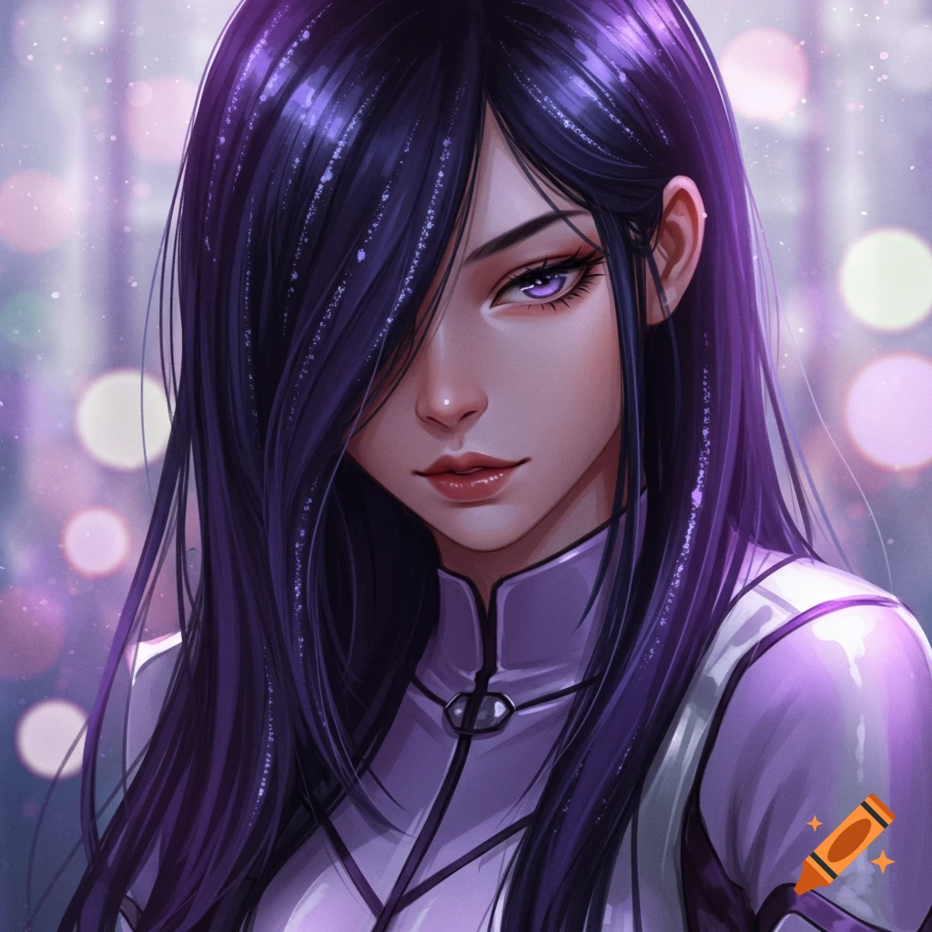 Anime portrait of a girl with long dark purple hair covering half her face, purple eyes, and a smirk.