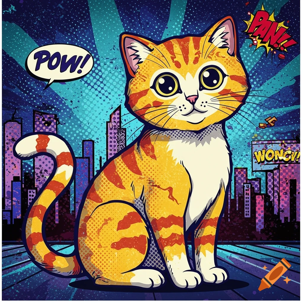 Pop art style orange tabby cat sitting in front of a city skyline with 'POW!', 'PAN!', and 'WONG!' sound effects.
