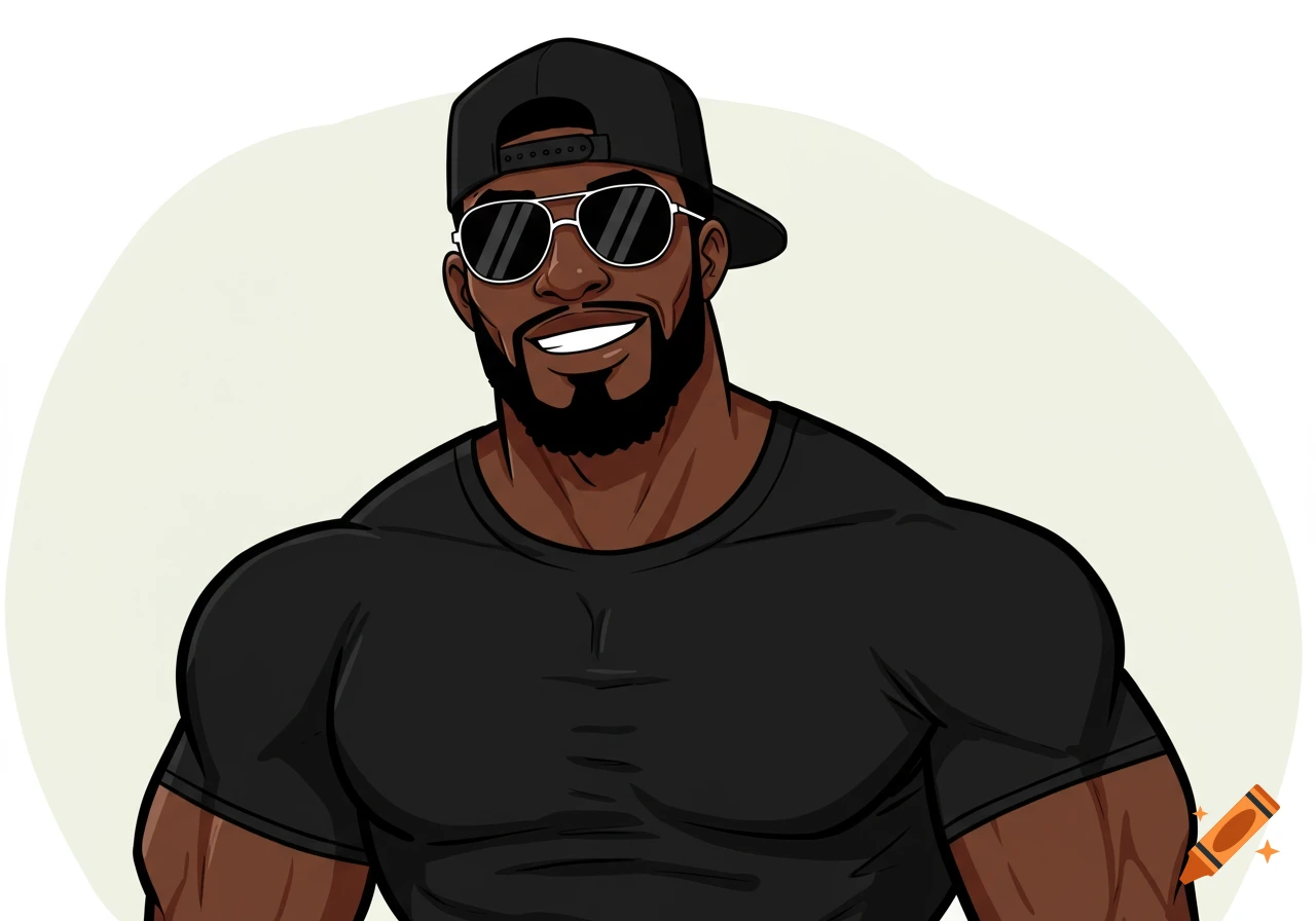Cartoon portrait of a smiling Black man with a beard, sunglasses, and a backwards cap.
