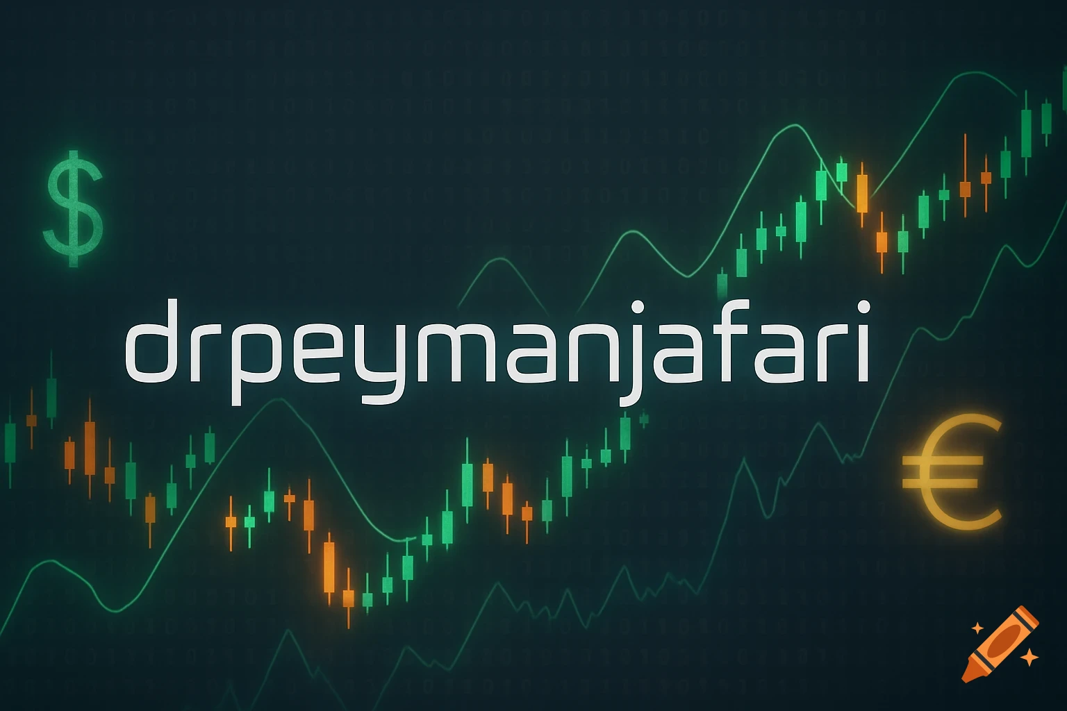 Candlestick and line charts with dollar and euro symbols on a dark background, with the text 'drpeymanjafari'.