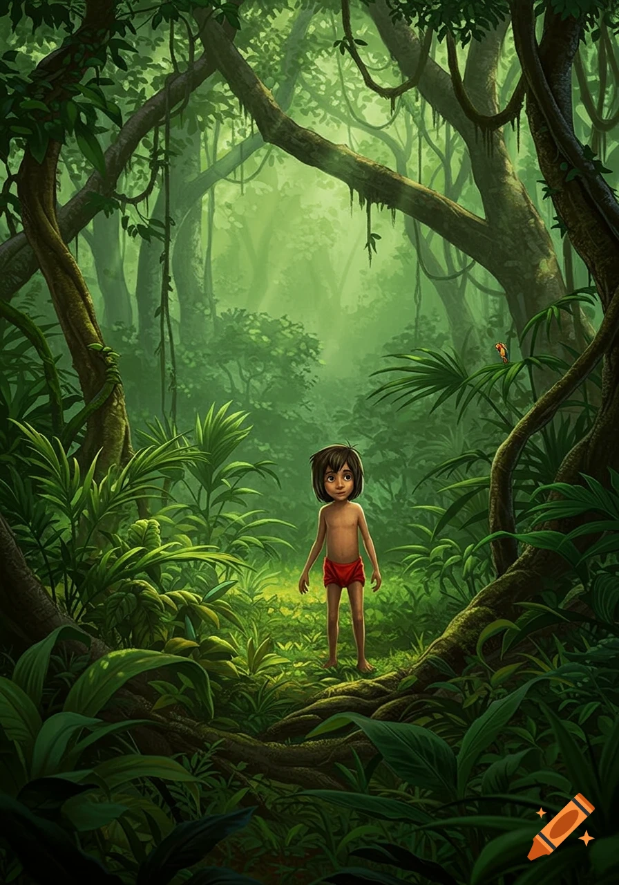 An illustration of Mowgli in red shorts standing in a lush green jungle.