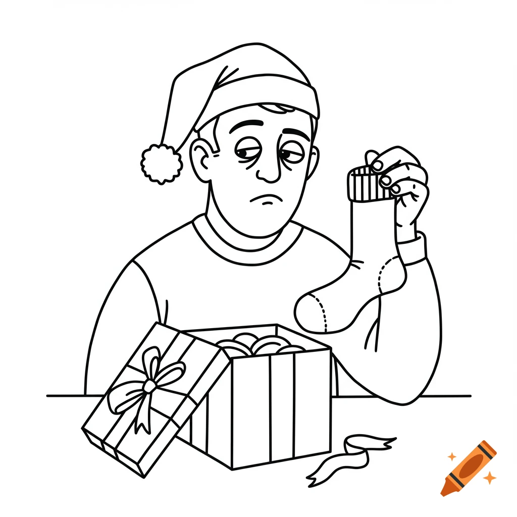 Black and white line art of a disappointed man in a Santa hat pulling a single sock from a Christmas gift box.