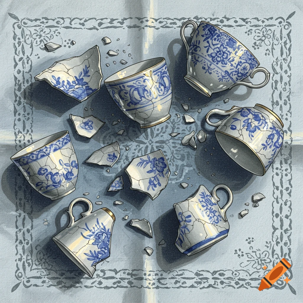 Several broken blue and white porcelain cups and ceramic shards are scattered on a light blue patterned napkin, in an illustrative style.