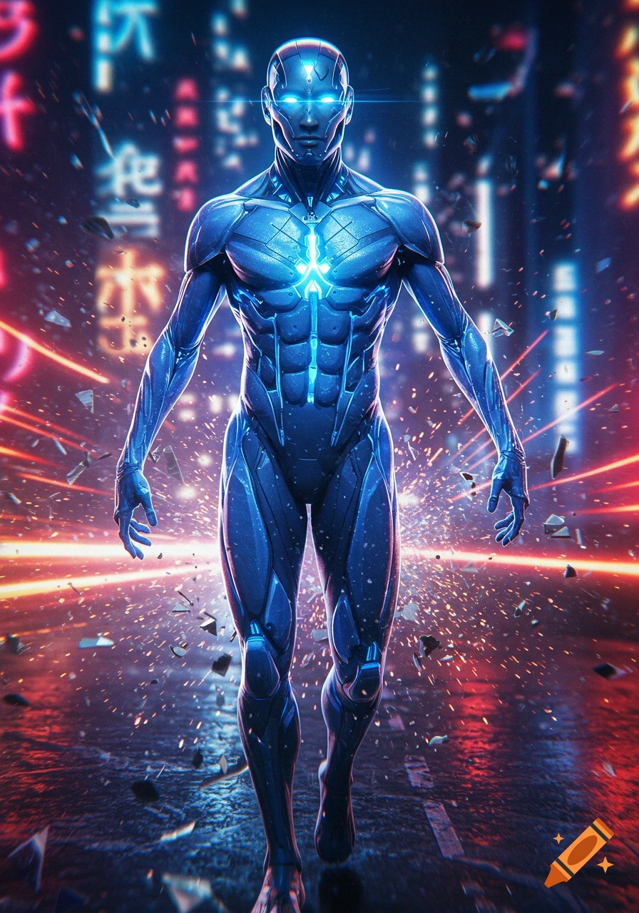 A futuristic blue humanoid robot with glowing eyes and chest light stands on a wet street in a neon-lit cyberpunk city.