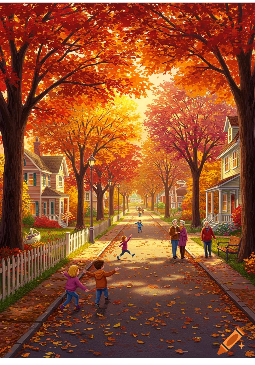 A vibrant, illustrative autumn street scene with houses, red and orange trees, and people walking and playing amidst fallen leaves.