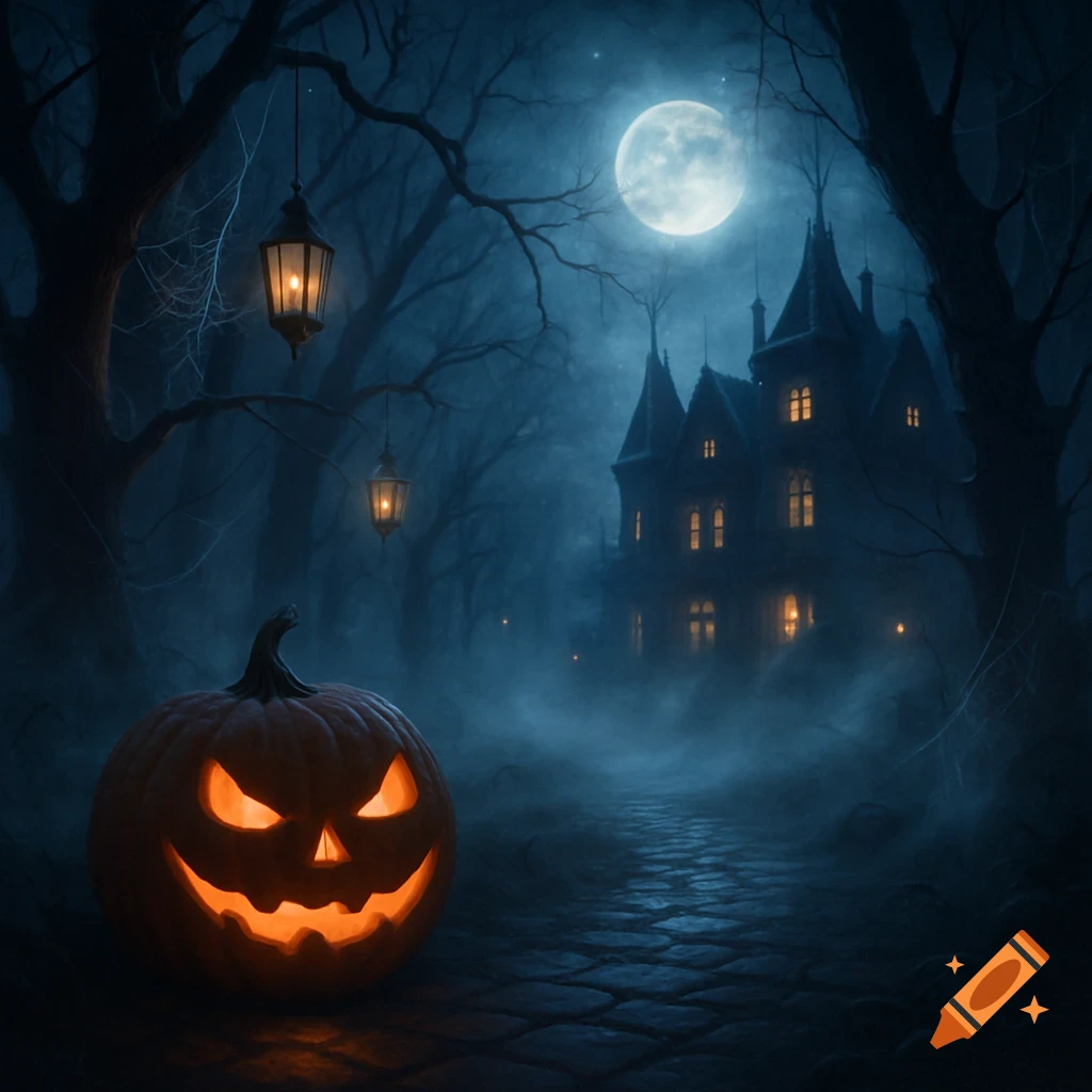 A jack-o'-lantern on a cobblestone path in a misty, dark forest with a spooky mansion under a full moon.