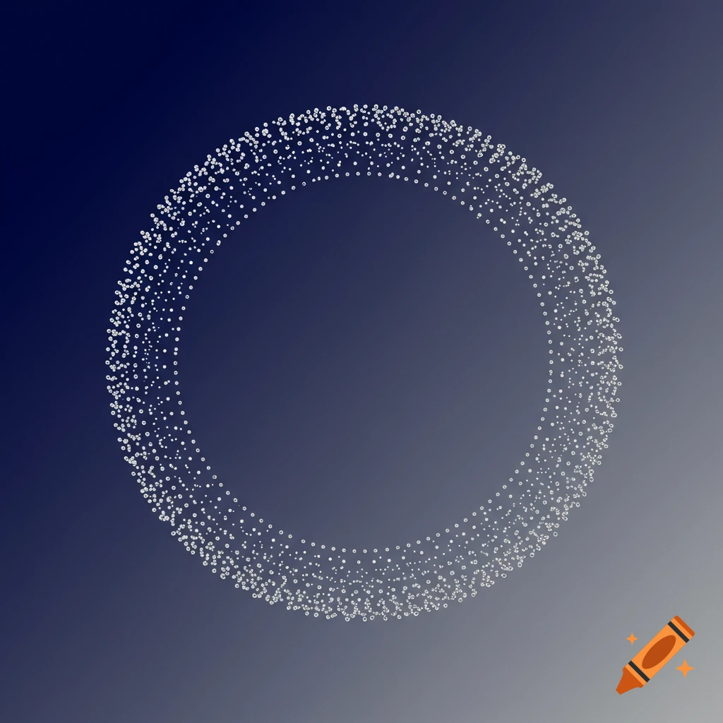 A circle formed by many small white dots on a dark blue to light blue gradient background.