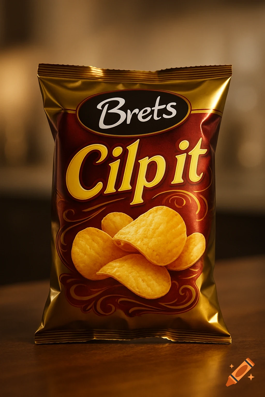 A photorealistic image of a gold and dark red potato chip bag labeled "Brets Cilp it" with chips shown on the front.