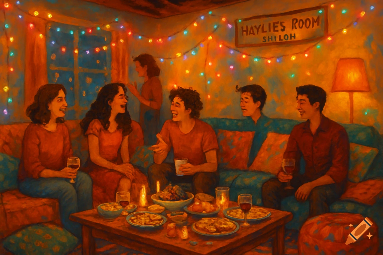 A group of friends at a festive indoor party with string lights, food, and drinks, in a painterly style. A sign reads "HAYLIES ROOM SHILOH".
