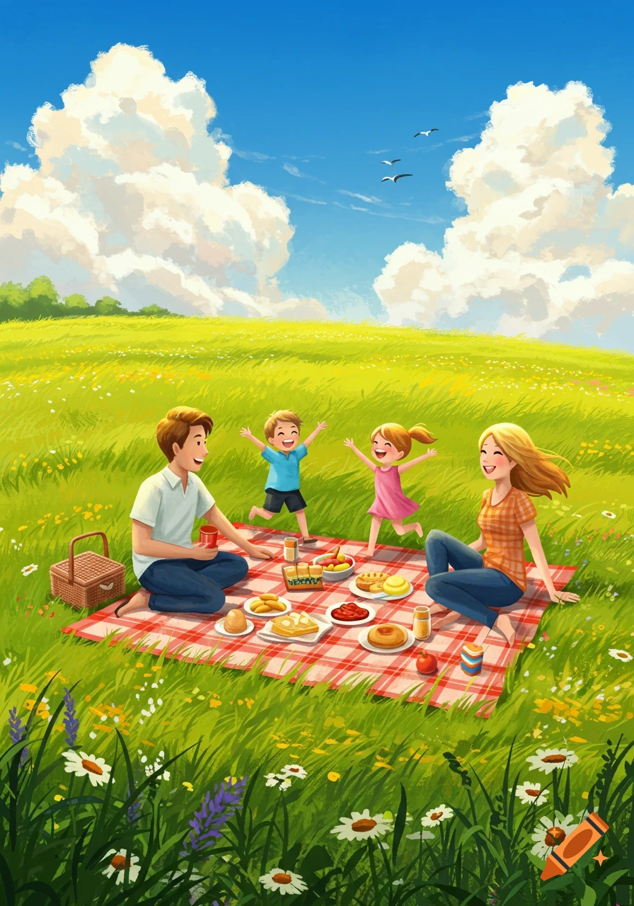 Illustrated family picnic in a vibrant green field with a blue sky and white clouds.
