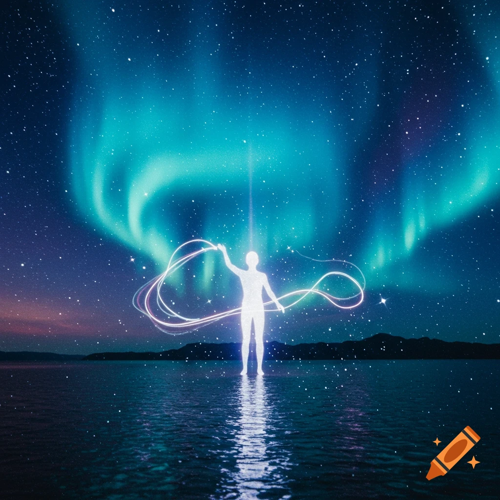 A glowing human silhouette stands on water under a vibrant aurora borealis, manipulating light trails.
