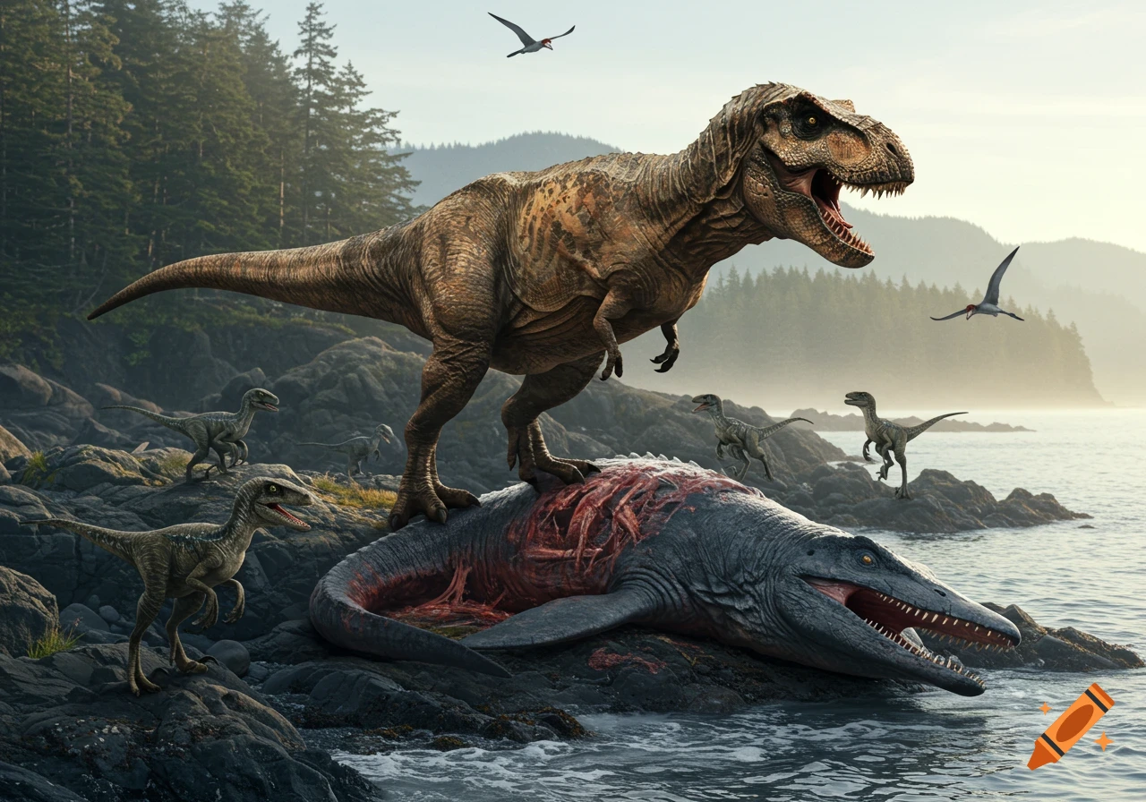 A photorealistic scene of a T-Rex standing on a dead Mosasaurus on a rocky coast, with Velociraptors and Pterosaurs nearby.