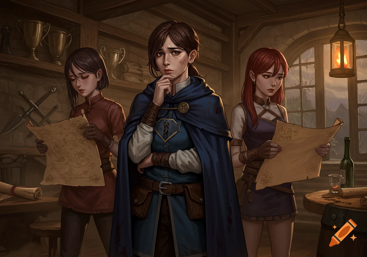 Three female fantasy characters, a leader and two advisors, examine maps in a rustic, candle-lit room. Digital painting style.