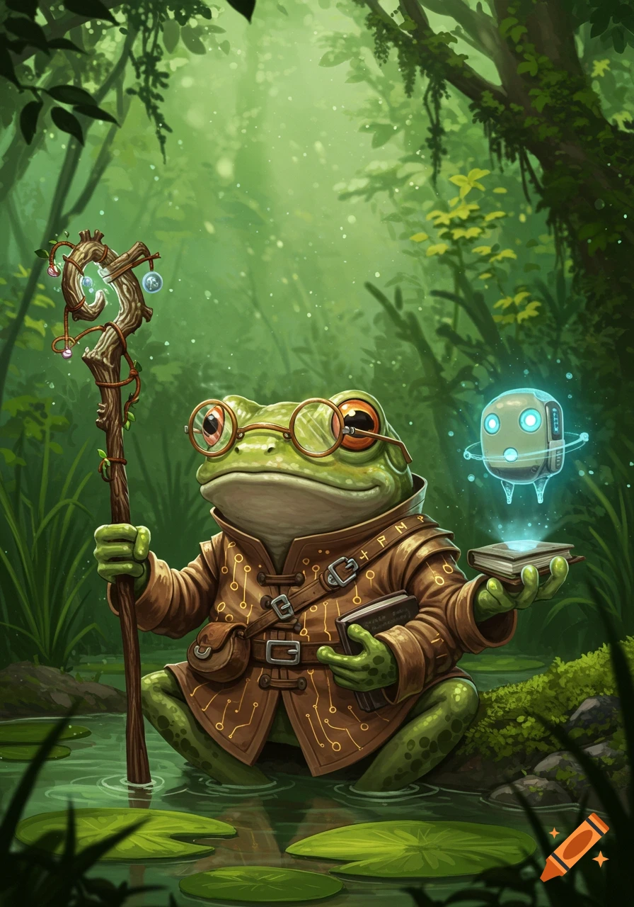 A frog technomancer scholar with glasses and a brown circuit-patterned coat holds a magic staff and a glowing book with a small floating robot companion in a lush green forest with lily pads.