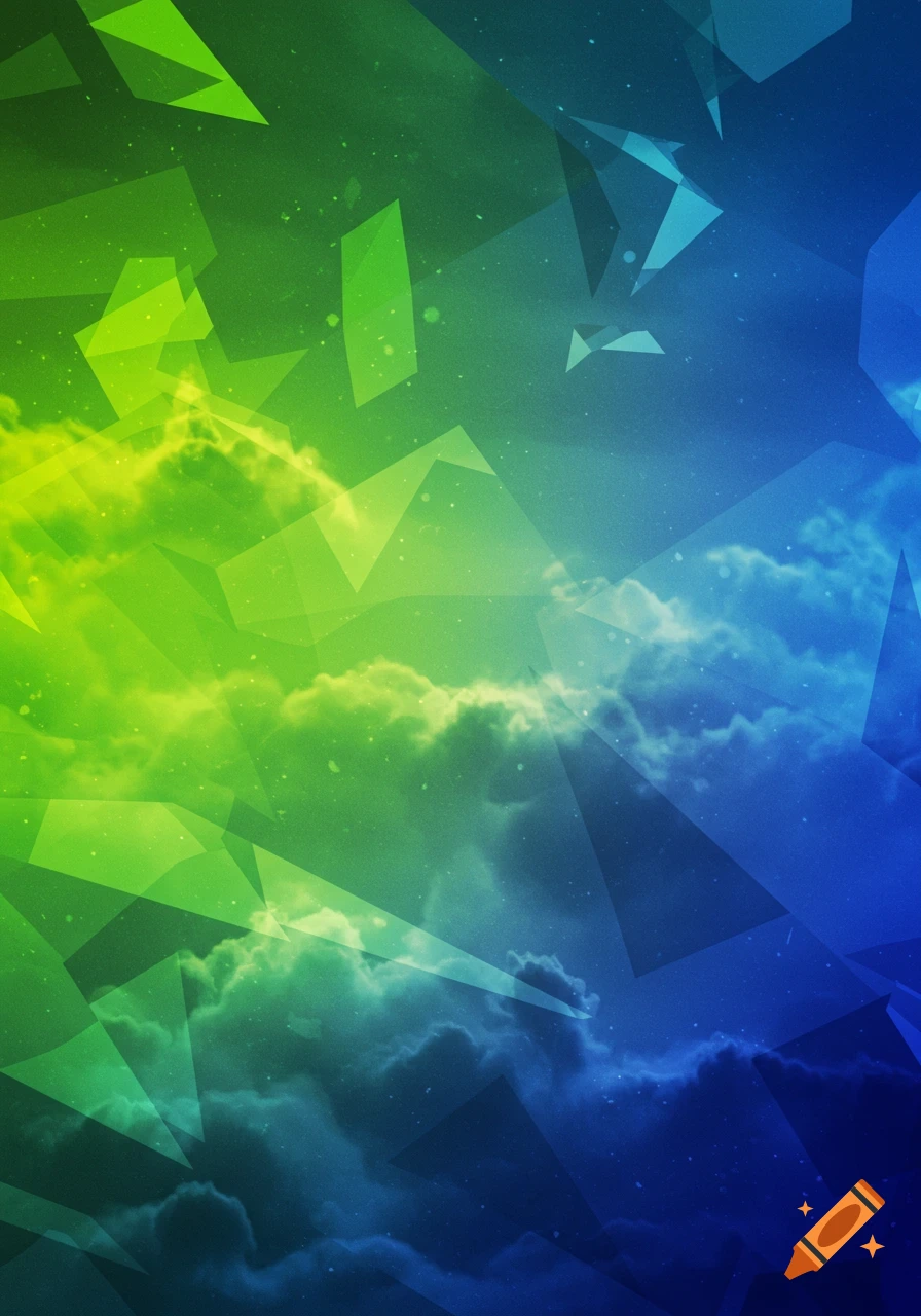 Abstract background with a green to blue gradient, featuring semi-transparent geometric shapes layered over cloudy textures and speckles.