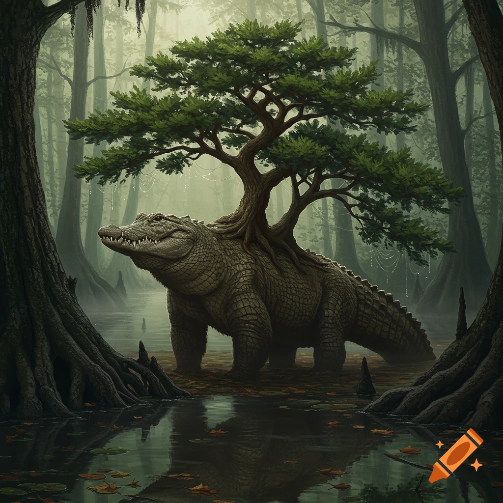 A large alligator with a lush pine tree growing from its back stands in a misty, dark swamp.