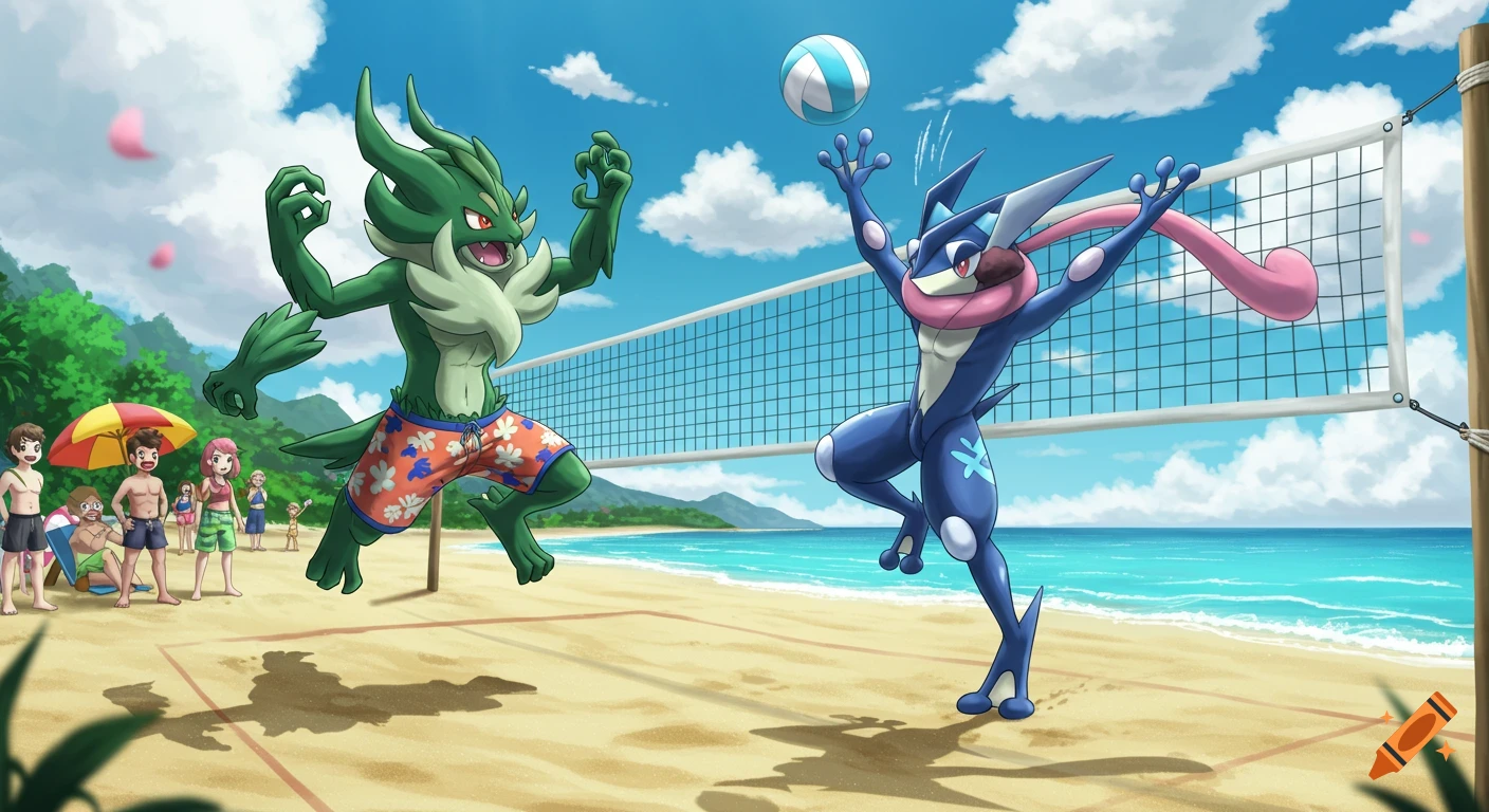 Anime style art of Zarude and Shiny Greninja playing volleyball on a sandy beach under a blue sky, with other people in the background.
