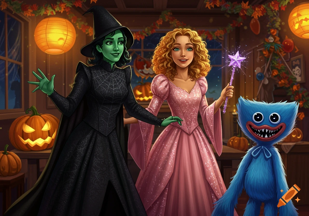An illustration of a green-skinned witch, a woman in a pink gown with a magic wand, and a blue Huggy Wuggy monster at a Halloween party with pumpkins and lanterns.