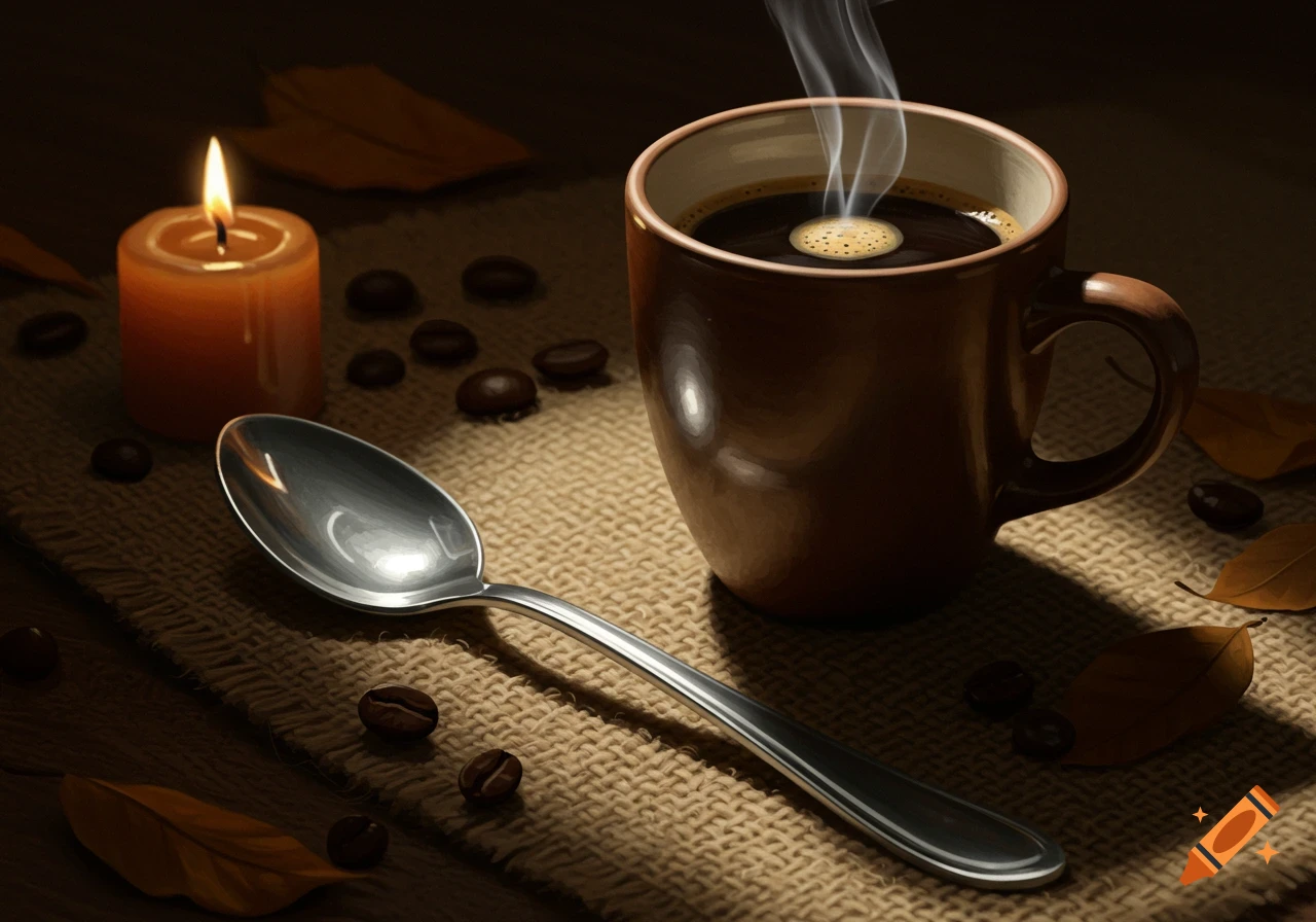 Photorealistic still life of a steaming coffee mug, lit candle, silver spoon, coffee beans, and autumn leaves on burlap.