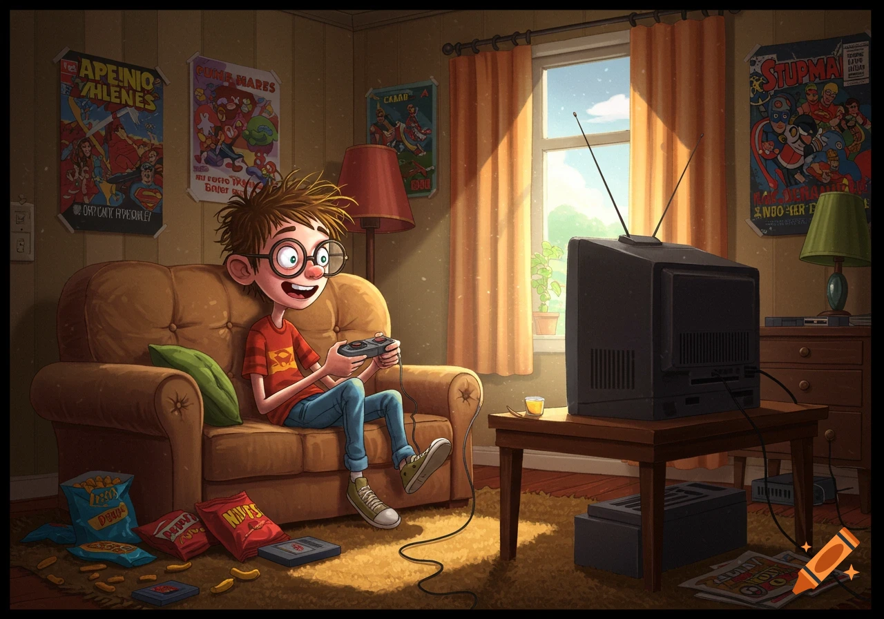 A cartoon boy with messy hair and glasses sits on a brown sofa, happily playing video games on an old CRT TV in a warmly lit room.