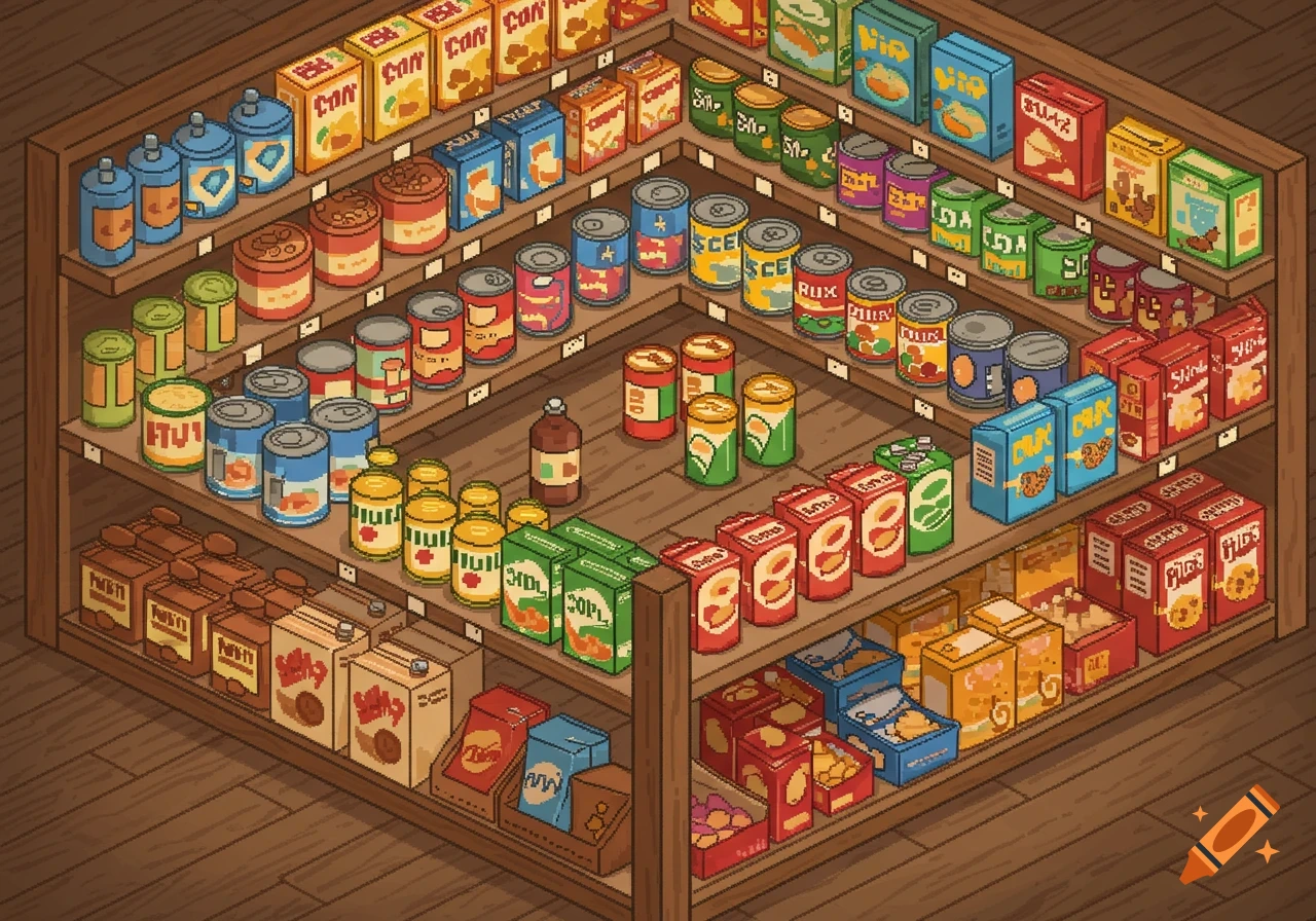 Pixel art top-down view of a grocery store shelf filled with various cans, boxes, and cartons of food products.