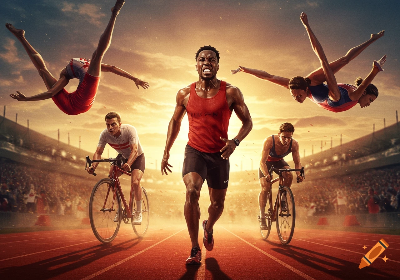 Photorealistic image of athletes competing in different sports: a runner, two cyclists, and two gymnasts or divers in mid-air, all in a stadium at sunset.