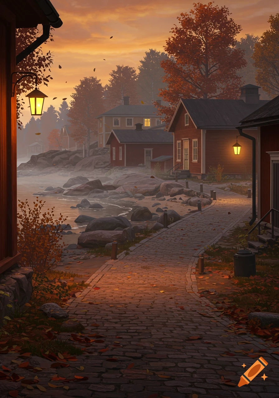 A serene autumn evening in a seaside town with red-roofed houses, a cobblestone path, and glowing lanterns under an orange sky.