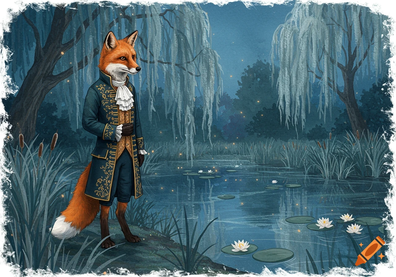 An anthropomorphic fox in a blue and gold coat stands by a moonlit pond with water lilies and willow trees in an illustration.