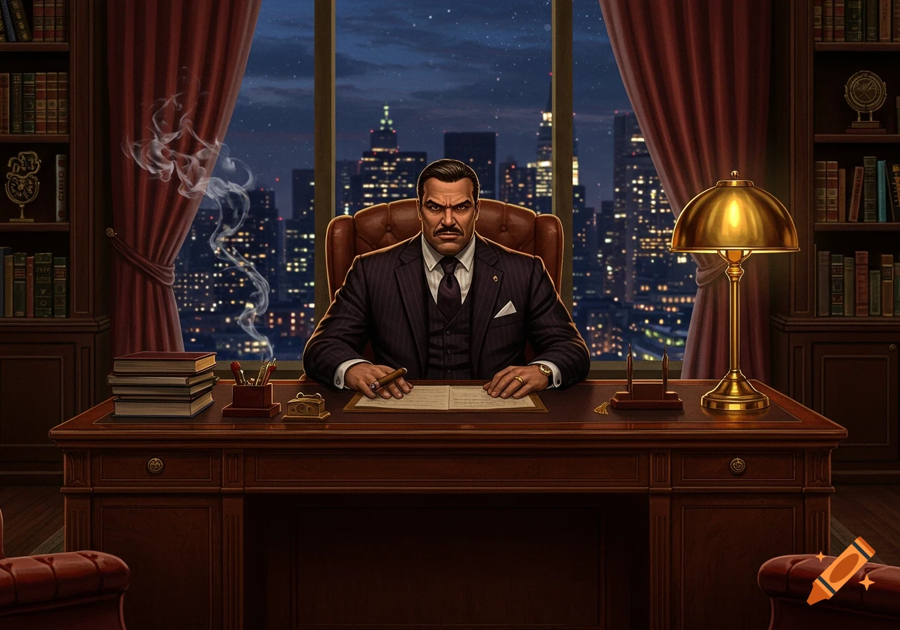 Illustrated portrait of a stern mob boss in a pinstripe suit, holding a cigar at a desk overlooking a night city skyline.