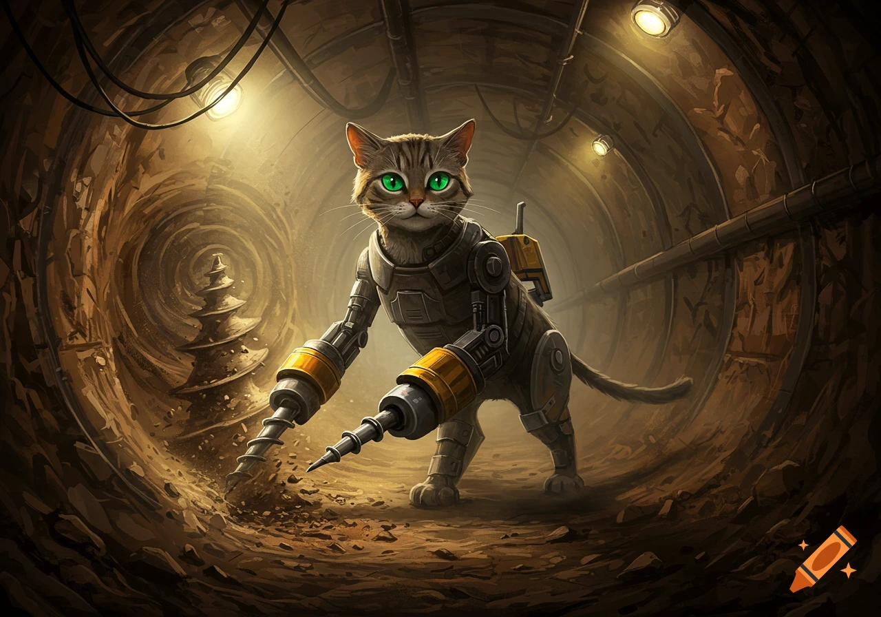 A cat in a metallic mining suit with drill arms stands in a dark tunnel, with a large drilling machine in the background.