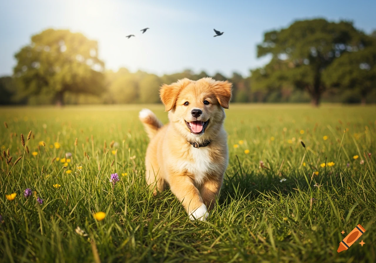 A happy golden puppy runs through a sunny green field with wildflowers, trees, and birds in the sky. Photorealistic.