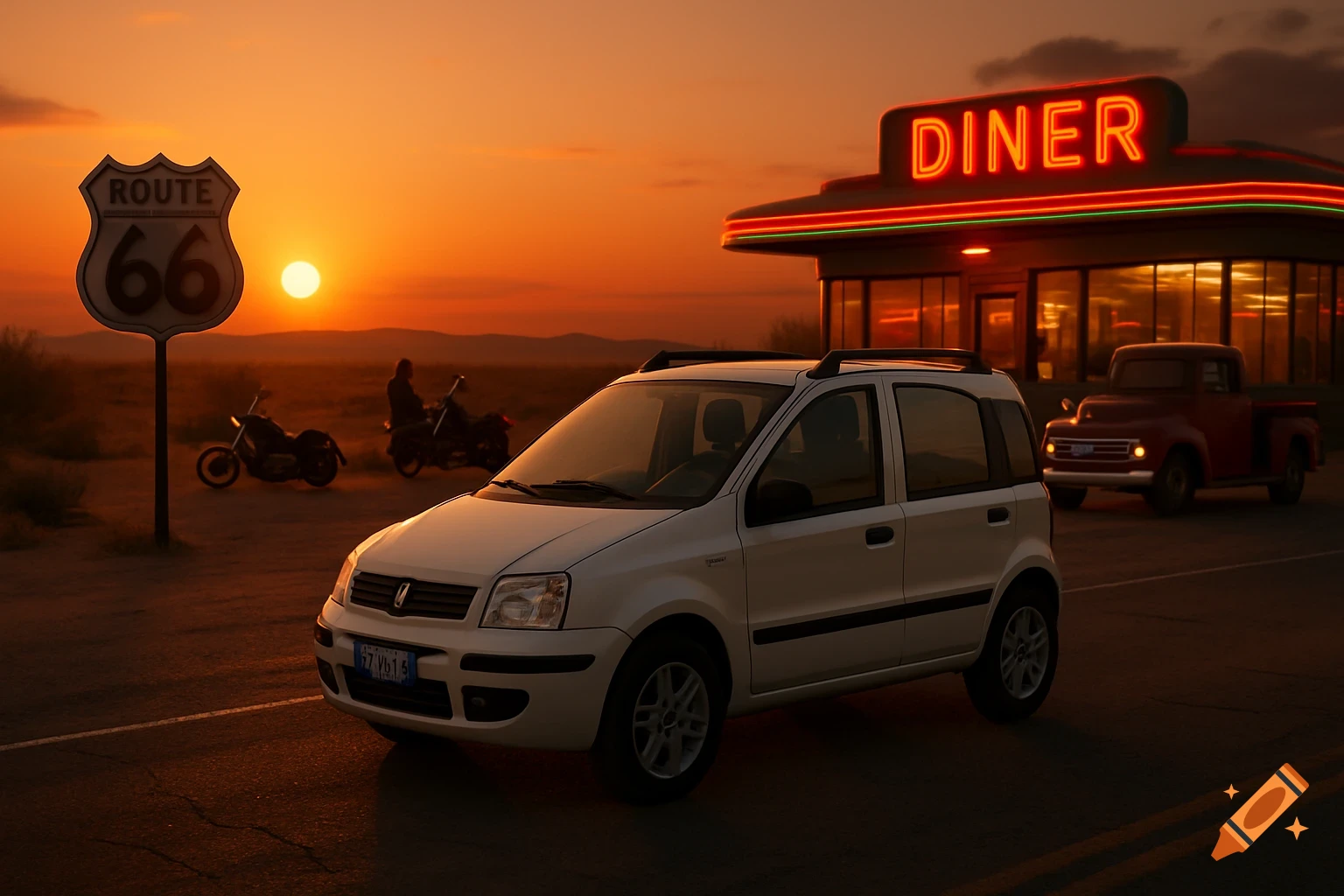 Photorealistic sunset scene on Route 66 with a white Fiat Panda, classic pickup, and motorcycles outside a neon-lit diner.