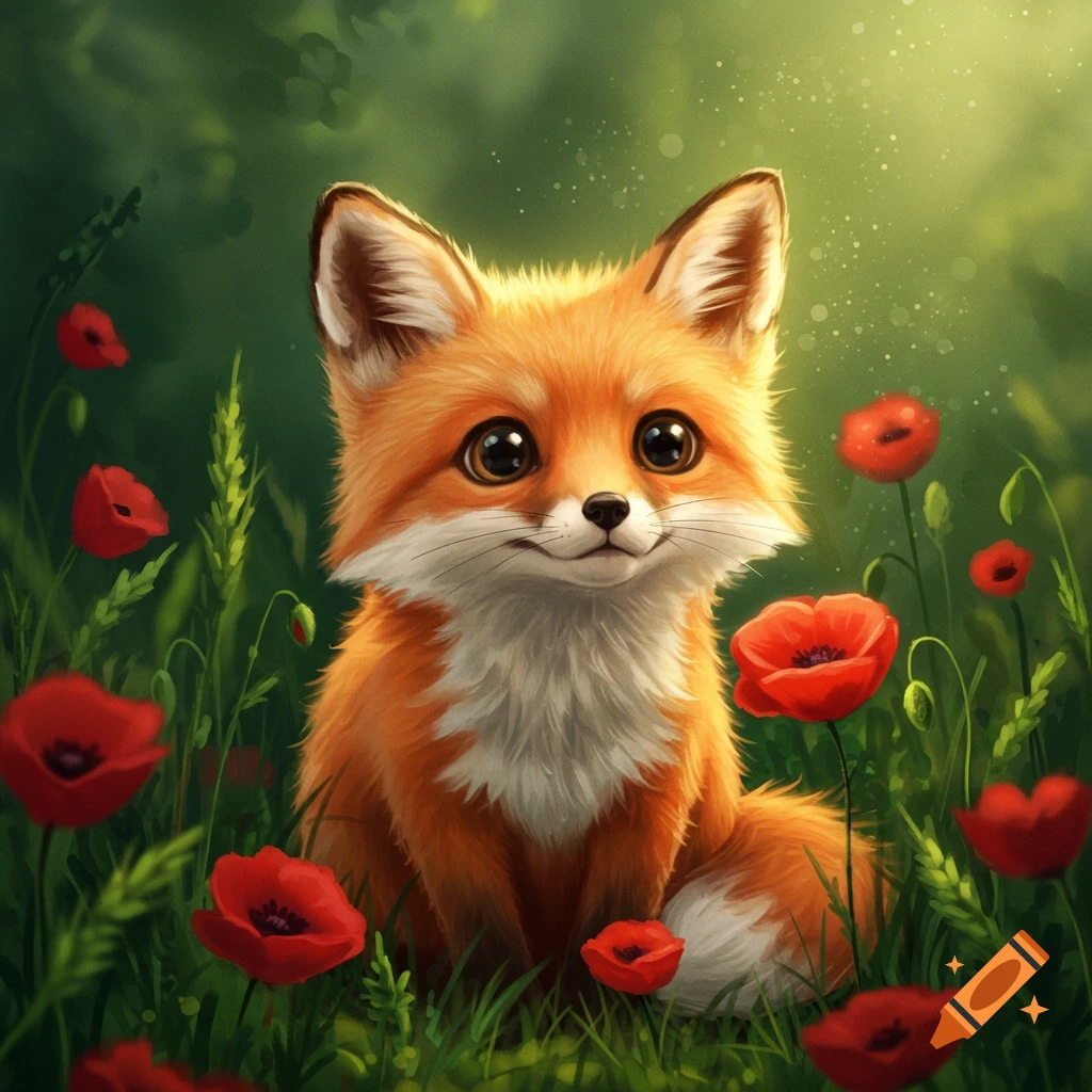 A cute, stylized red fox sits among bright red flowers in a lush green field.
