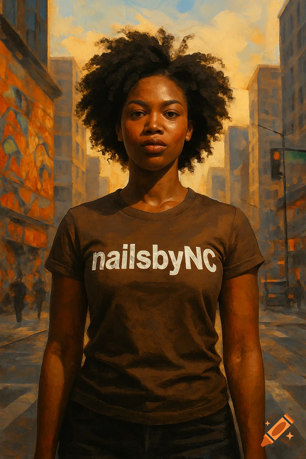 A Black woman with curly hair wears a 'nailsbyNC' t-shirt in a painterly style, standing on a city street.