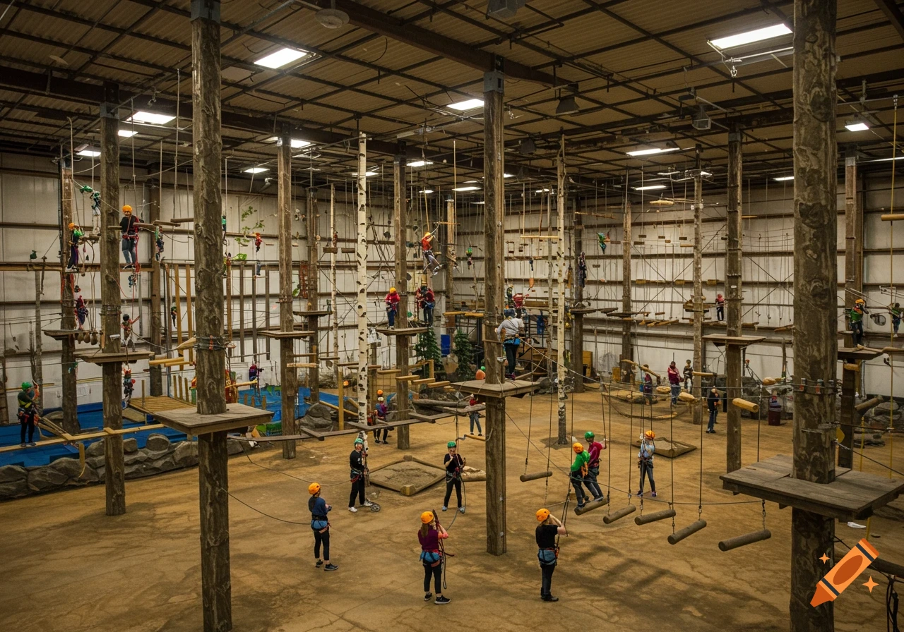 Photorealistic image of people climbing and belaying on an indoor ropes course in a warehouse-like space with tree-like support beams.