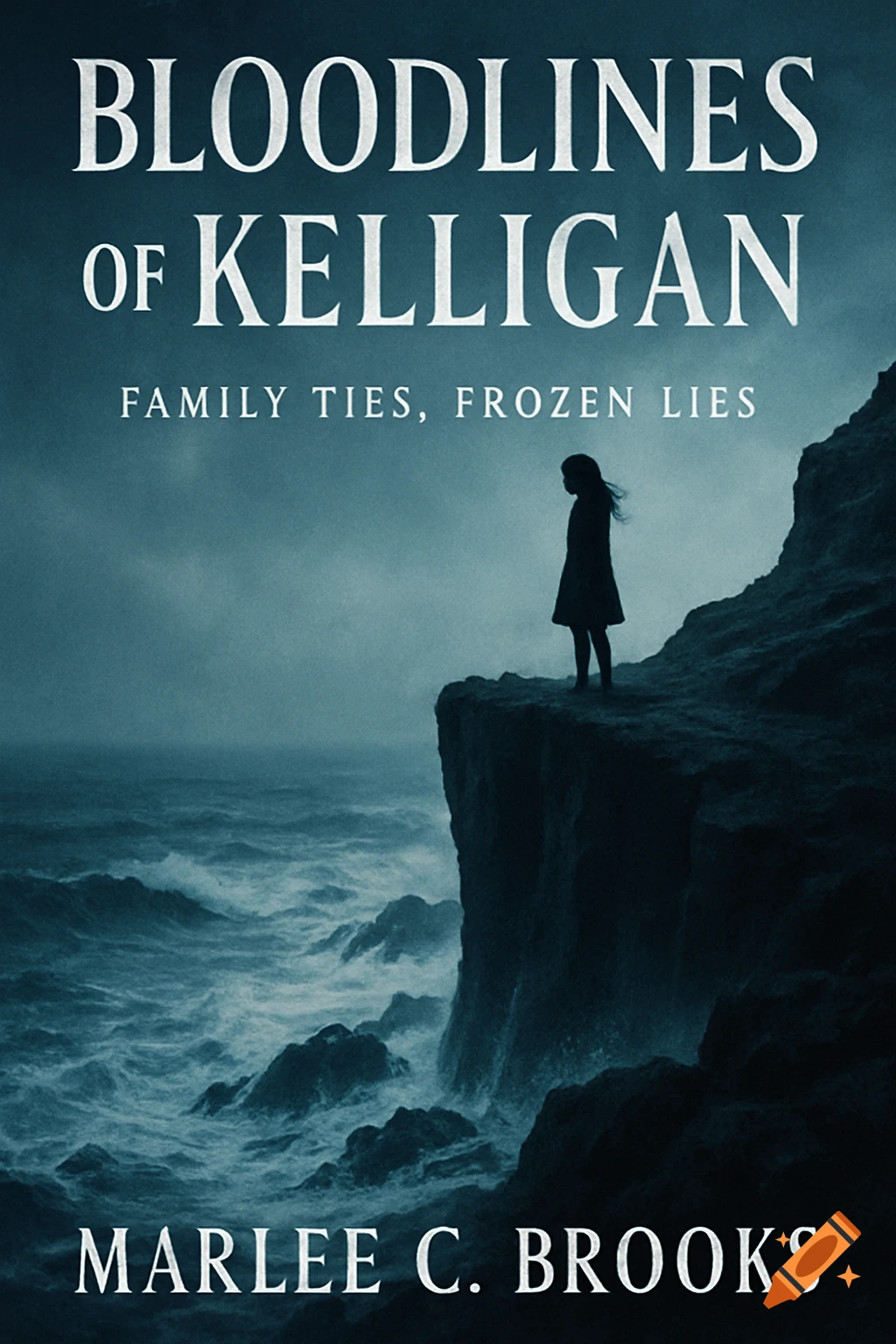 Book cover featuring a silhouette of a person on a jagged cliff overlooking a stormy, dark blue sea. Title: Bloodlines of Kelligan.