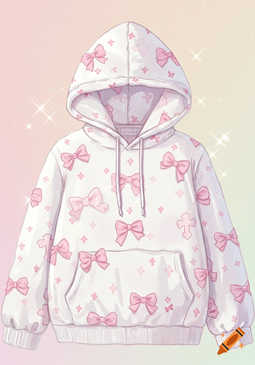 Cute anime-style white hoodie adorned with pink bows and crosses, on a pastel gradient background.