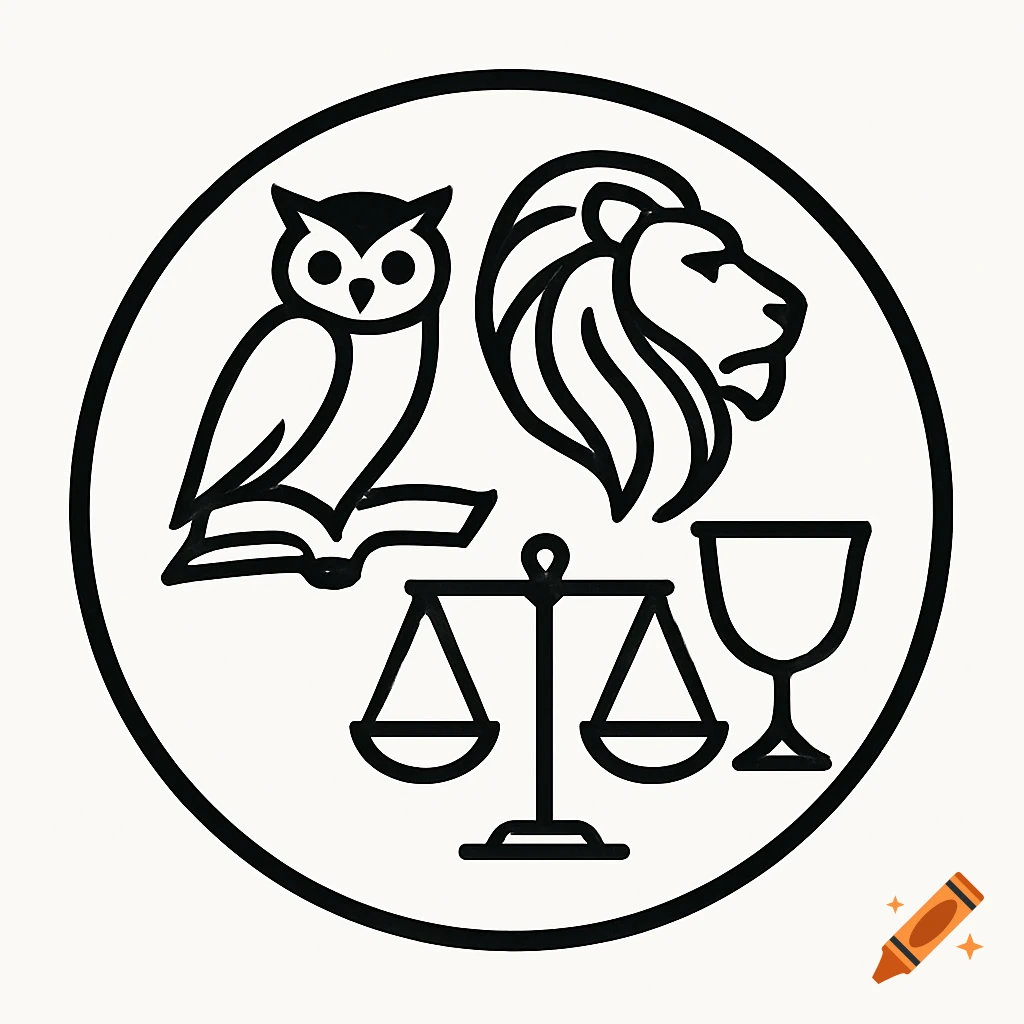 A minimalist black and white circular emblem featuring an owl on a book, a lion head, justice scales, and a chalice.