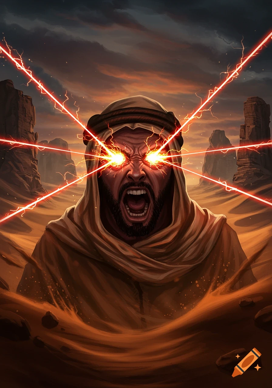 Stylized illustration of an angry man in desert robes screaming as red lasers shoot from his glowing eyes.