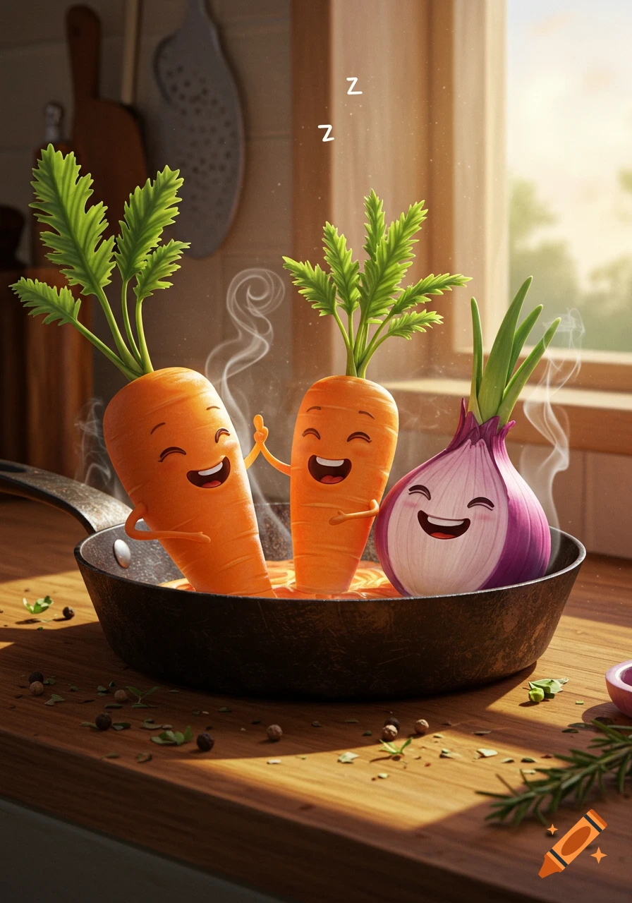 Smiling cartoon carrots and an onion happily sit in a steaming frying pan on a kitchen counter.