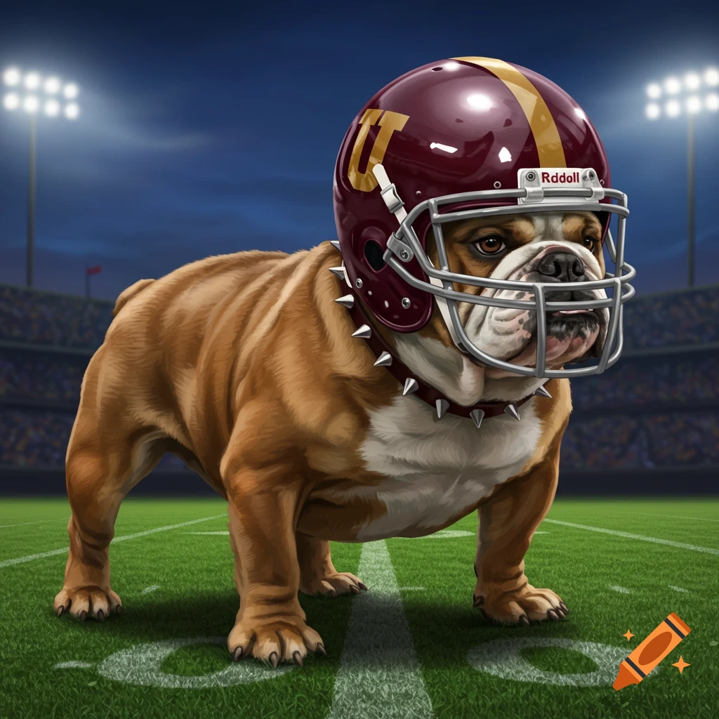 A muscular bulldog wearing a maroon football helmet with a yellow stripe and a facemask stands on a green football field under stadium lights at night.