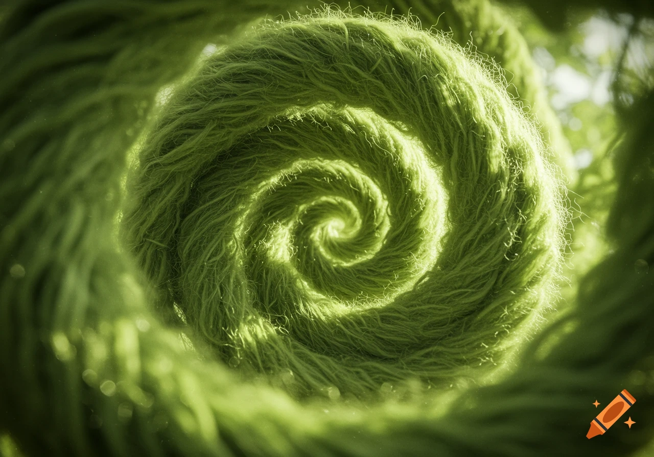 A vibrant green, fuzzy material spiraling inward, creating a hypnotic and organic pattern.