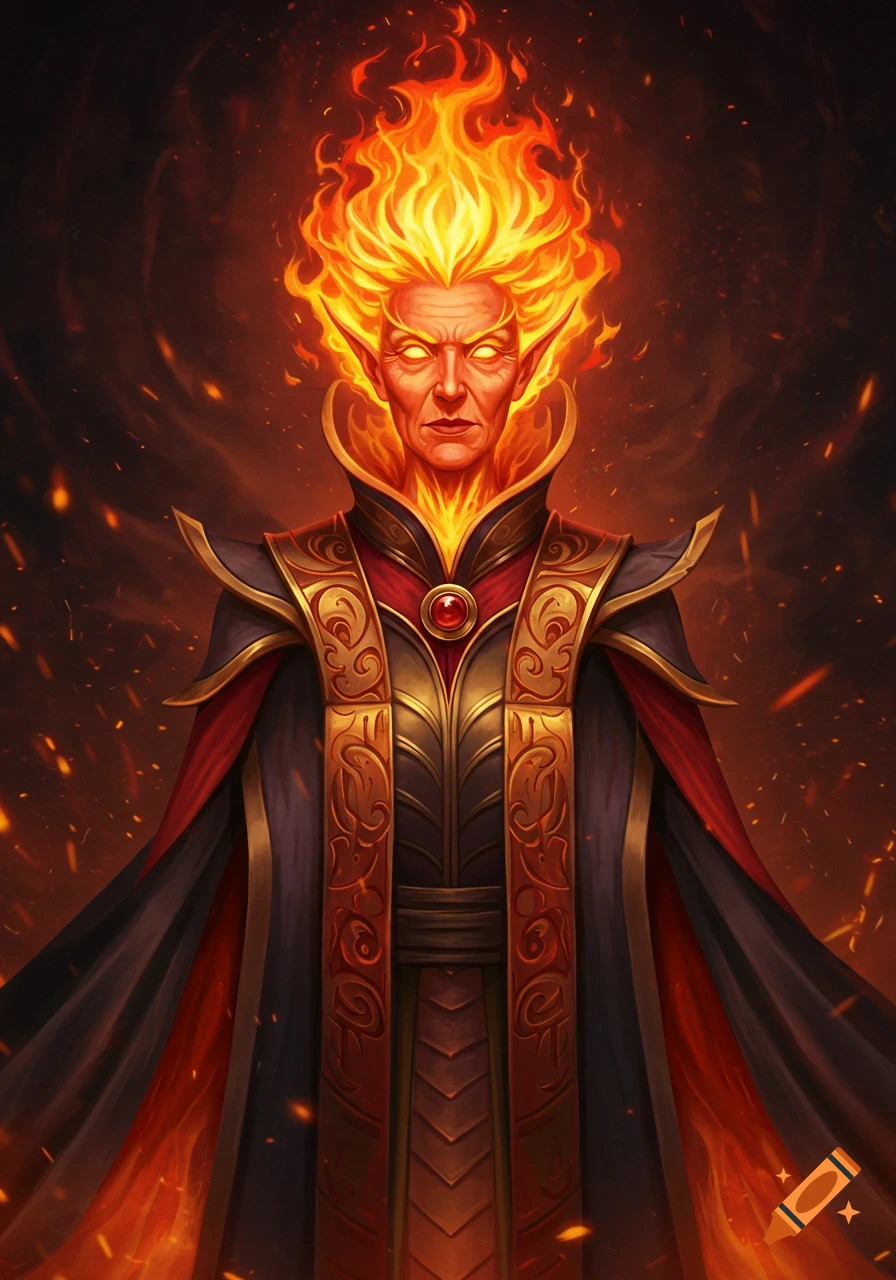 A majestic portrait of an elderly fire genasi with fiery hair and glowing skin, clad in ornate black and gold robes.
